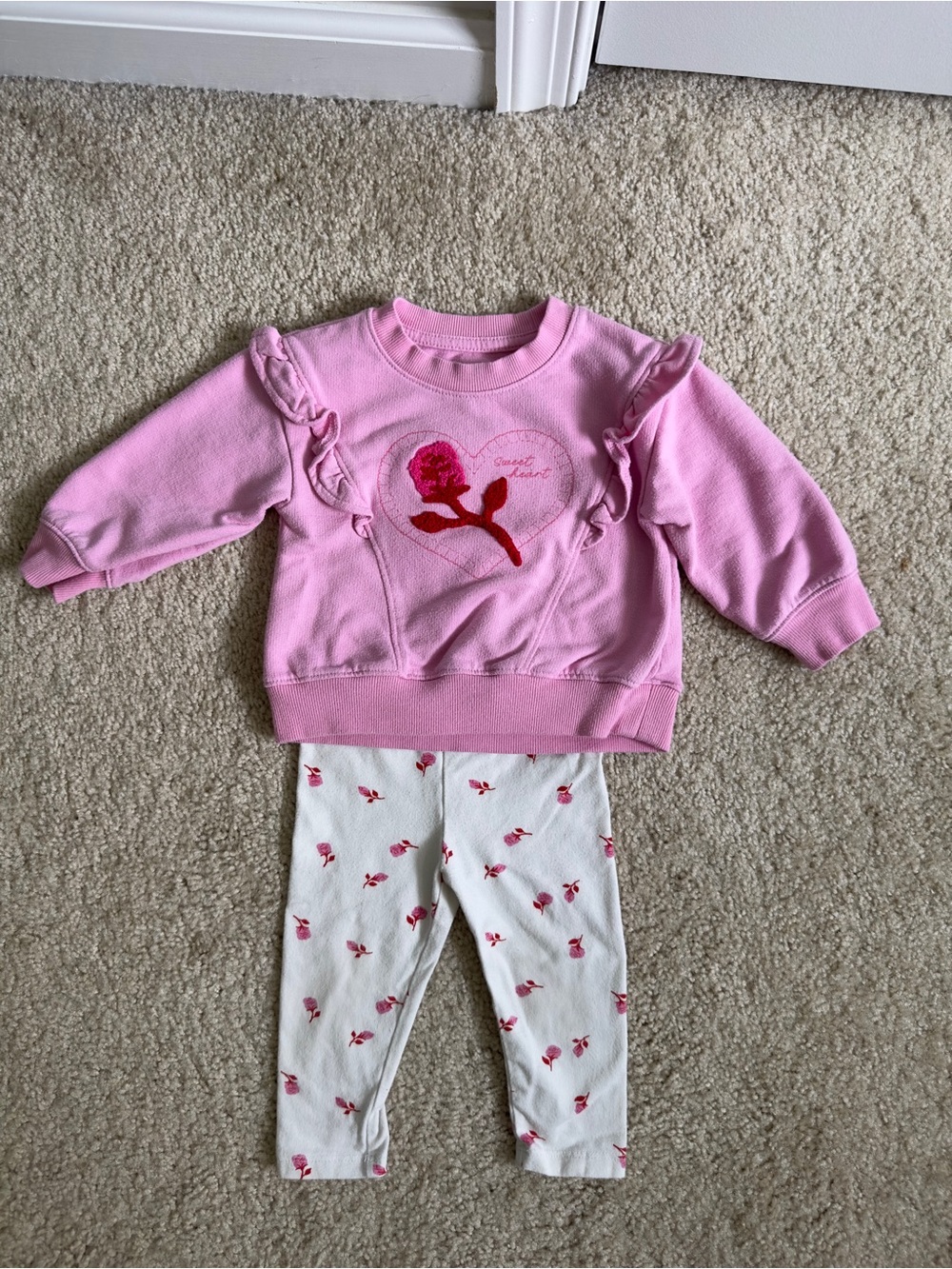 Cat & Jack Pink Ruffle Sweatshirt with White Rose-Print Leggings